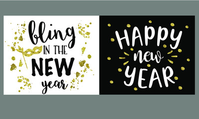 Set Happy New Year text, hand-drawn lettering. Holiday greetings quote. Isolated on a white background. Great for vector logo, text design. Suitable for banners, greeting cards, gifts.
