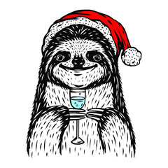 Vector Sloth Santa illustration isolated on white. T shirt design. Drinking champagne animal poster. New Year Christmas image. 