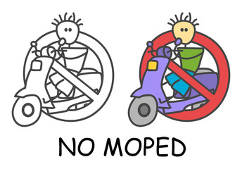 Funny vector stick man on a moped scooter in children's style. Ban on parking sign red prohibition. Stop symbol. Prohibition icon sticker for area places. Isolated on white background.