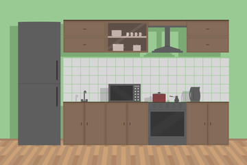 Kitchen interior with wall tile. Vector illustration.