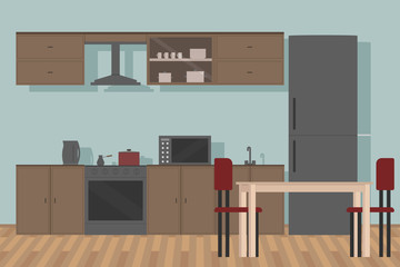 Kitchen set and table. Vector illustration.
