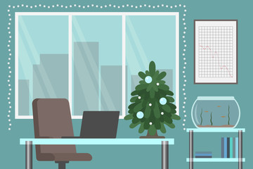 Christmas decorated office. Vector illustration.