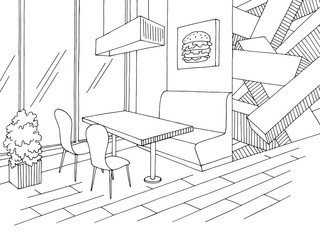 Cafe interior graphic black white sketch illustration vector