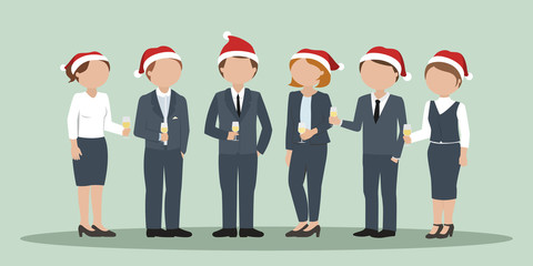 Employees stand and drink champagne on corporate party. Vector illustration.