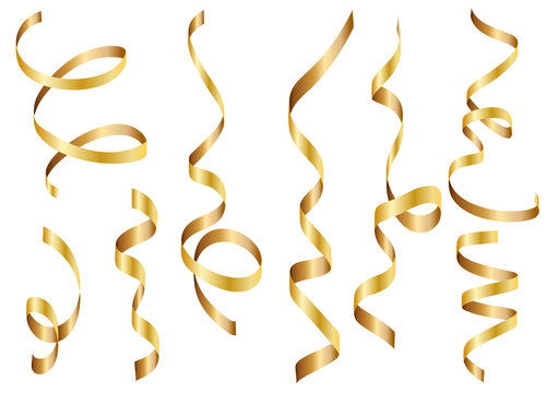 Gold shiny gradient twisted ribbons set. Decoration for carnival party, holiday event, New Year, Christmas, Wedding ceremony. Vector illustration