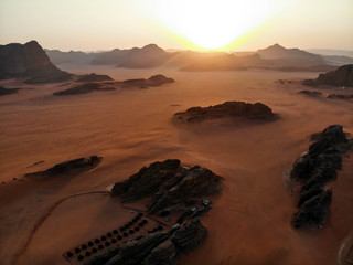 Wadi Rum, Aqaba / Jordan / 09 02 2019: Holiday resort camp styled as bedouin in the desert of Wadi Rum in Autumn