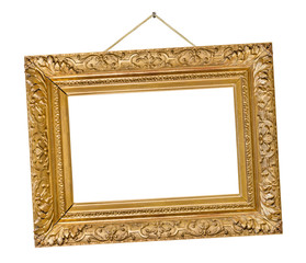 Old wooden picture frame hanging on a rope