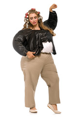 Funny overweight fat plus size woman posing on white background