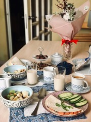 Homemade breakfast in the kitchen on wooden table