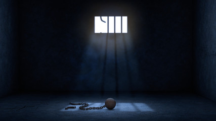 ball and chain for prisoner in jail with broken prison bars, prisoner escape or jailbreak concept...