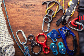Climbing equipment outdoor for a Mountain trip or Rescue.With rope carabiners ascender belay/rappel...