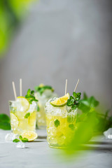 Cold tea with lime, mint and ice