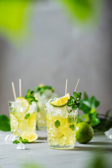 Cold tea with lime, mint and ice