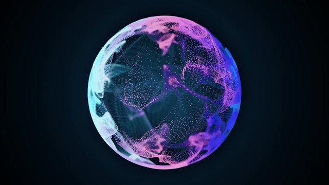 Abstract 3d animation. Colorful sphere made of audio reacting particles. Music background.