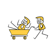 businessman carrying his colleague on trolley yellow stick figure