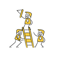 Fototapeta premium businessman holding flag on stair and colleague helping him yellow stick figure