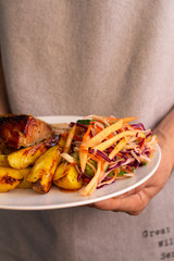 baked pork potato wedges and cabbage salad