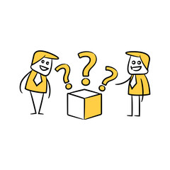 business men and  box with question marks for problem solving concept yellow stick figure