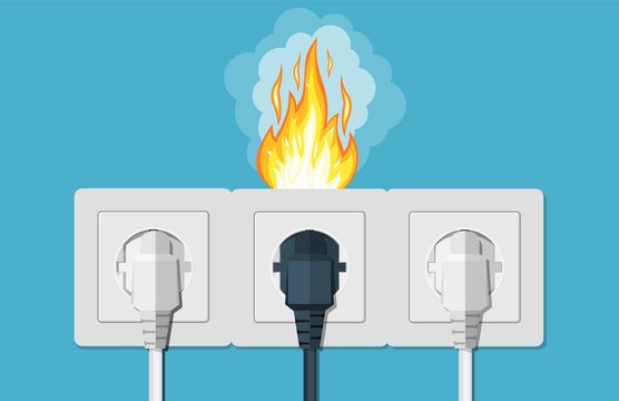 Fire Wiring. Socket And Plug On Fire From Overload. Electrical Safety Concept. Short Circuit Electrical Circuit. Broken Electrical Connection