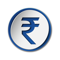 Rupee currency symbol on round sticker with blue backdrop.