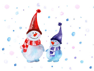watercolor illustration of two snowmen and colored snow