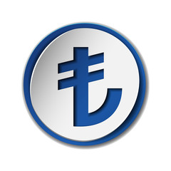 Turkish Lira currency symbol on round sticker with blue backdrop