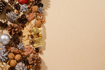 Christmas decor with copy space. Flat lay. Toys cones and New Year attributes. The concept of a festive mood.