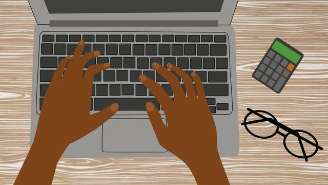 Close-up of male African American hands typing on keyboard. Calculator and eyeglasses laying on the table next to laptop. Cartoon, 2D animation, top view.