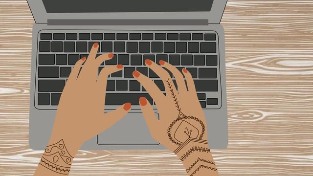 2D animation of female Caucasian hands with tattoos or henna drawings typing on keyboard. Adult woman using social media or surfing Internet. Cartoon, close-up, top view.