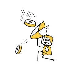 businessman holding shield to protect from falling dollar coins yellow stick figure