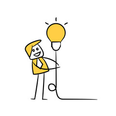 businessman holding light bulb balloon yellow stick figure