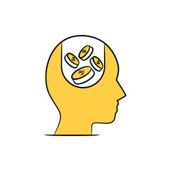 money coins in human head yellow hand drawn