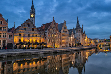 Ghent, Belgium - May 5,2019: Graslei and Korenlei along the Leie river in the historic city center.