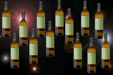 Botellas de vino blanco, conjunto de botellas de cristal tintado en su interior hay vino; bebida alcoholica