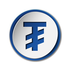 Mongolian tugrik currency symbol on round sticker with blue backdrop