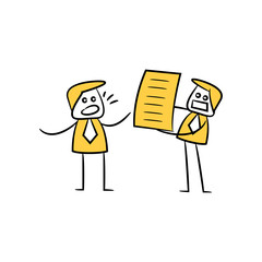 businessman showing document and training employee yellow stick figure