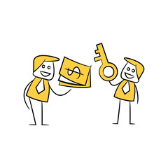 businessmen barter key and money yellow stick figure