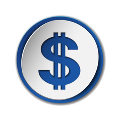 dollar symbol with two vertical lines on round sticker with blue backdrop