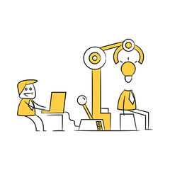 businessman controlling robot putting idea bulb to human brain yellow stick figure