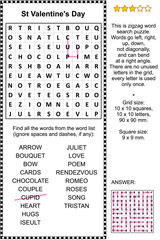 St Valentine's Day zigzag word search puzzle. Answer included.