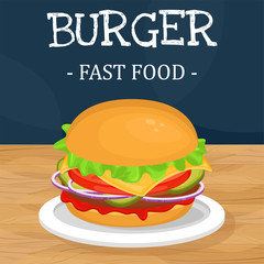 Delicious hamburger with cutlet. Vector illustration of fast food. Junk food.
