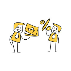 businessmen negotiate money and percent profit yellow stick figure