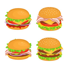 Set of different delicious hamburgers with cutlet. Vector illustration of fast food. Junk food.