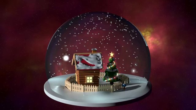 Christmas scene with wooden hut and Christmas tree in the snow globe. 3d render video.  