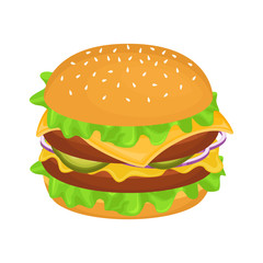 Delicious hamburger with cutlet. Vector illustration of fast food. Junk food.