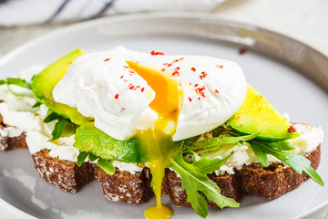 Poached egg toast with avocado, cream cheese and rye bread on gray plate. Healthy food concept.