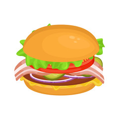 Delicious hamburger with cutlet and bacon. Vector illustration of fast food. Junk food.