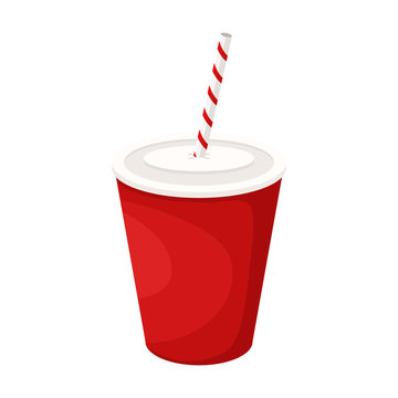 Carbonated Drink In A Paper Cup With A Straw. Vector Illustration Of Fast Food. Junk Food.