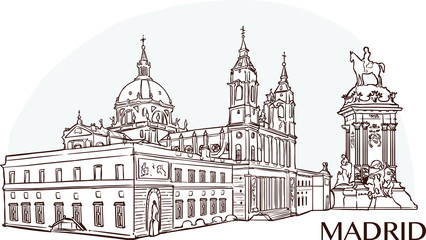 Almudena Cathedral and buen retiro park  vector illustration