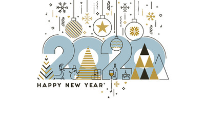 Flat line design concept banner - Happy New Year 2020